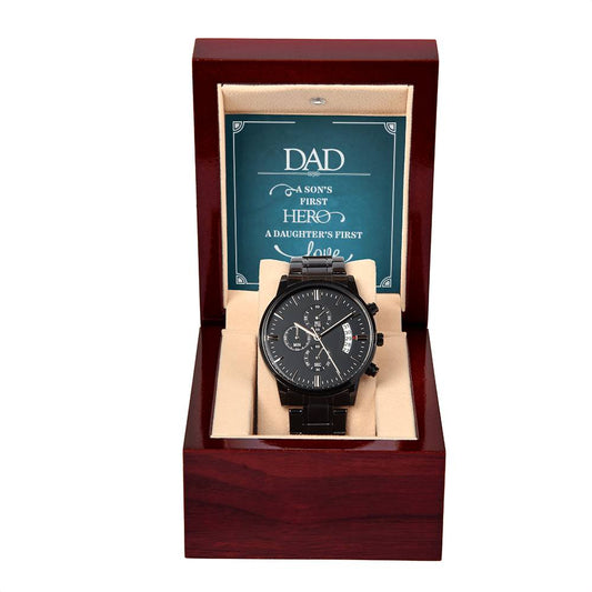 A Son's First Hero black chronograph watch with stainless-steel bracelet