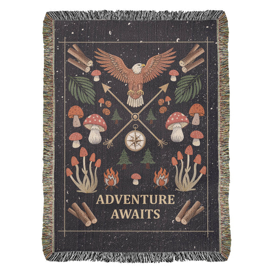 Adventure Awaits woven blanket, front product view