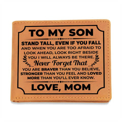 To My Son Stand Tall Black Leather Wallet